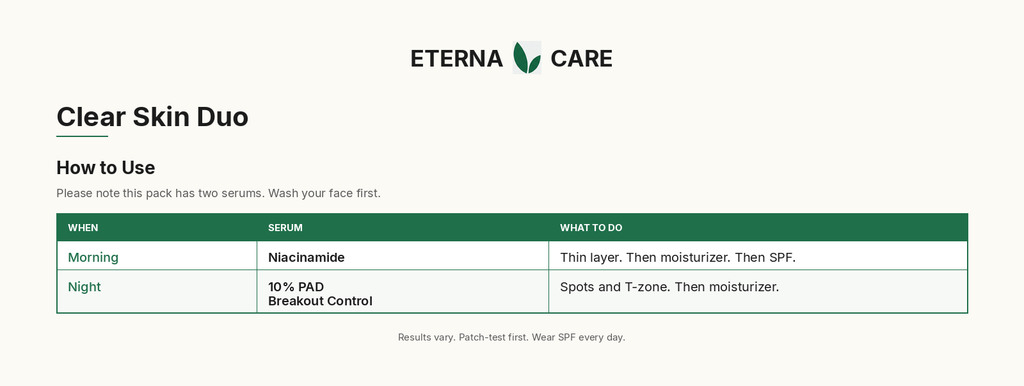 Clear Skin Duo how to use — morning Niacinamide, night 10% PAD Breakout Control
