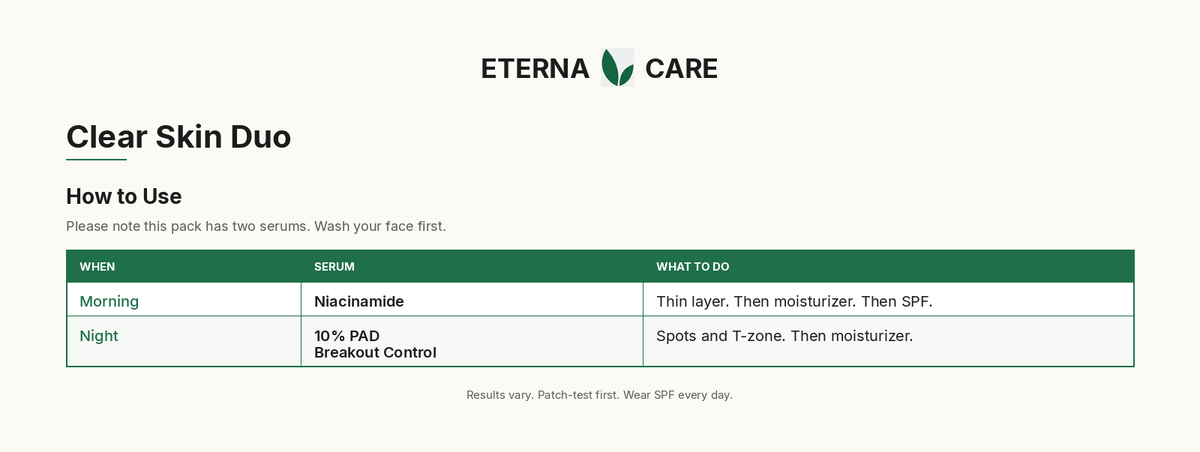 Clear Skin Duo how to use — morning Niacinamide, night 10% PAD Breakout Control